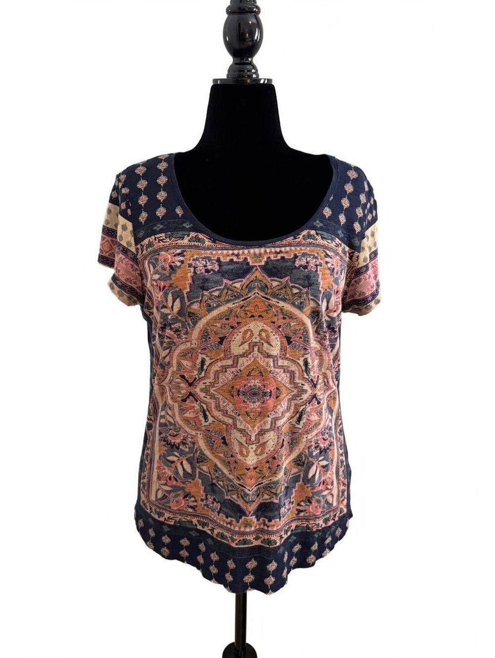 Lucky Brand Women's Large Navy Blue Patterned Short Sleeve Size Large